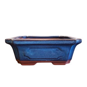 Op de afbeelding: Een rechthoekige bonsai pot met een diepblauwe glazuur en een roodbruine rand en basis. De pot heeft een licht uitlopende vorm met decoratieve panelen aan de zijkanten. Ontworpen voor het kweken van bonsai.