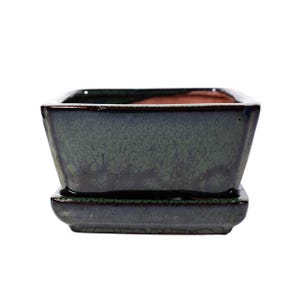 Könnte beinhalten: Ein quadratischer Bonsai-Topf aus Keramik mit dunkelgrüner Glasur und einer passenden Untertasse. Der Topf hat einen leicht erhöhten Rand und eine strukturierte Oberfläche.