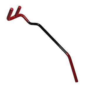 May include: A red and black metal hook with a curved handle. The hook is designed to hang items on a wall.