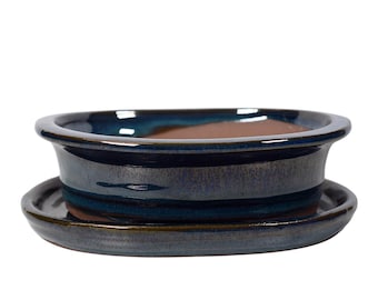 Blue Bonsai Pot & Drip Tray | Glazed Ceramic Garden Pot | 150x120x45mm | Oval | Suitable for Indoor/Outdoor Bonsai Tree