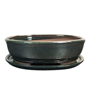 May include: A green glazed oval ceramic bonsai pot with a matching saucer. The pot has a textured, crackled glaze.