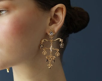 Long mobile contemporary dangle earrings, Vintage earrings rococo baroque gold plated victorian chandelier earrings
