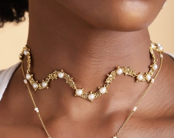 Statement Pearl Choker- Fusion Indian Jewelry- Indian Inspired- Intricate Choker- Gold Filled Choker Necklace- Gold Vintage Choker