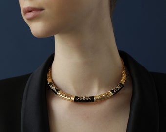 Vintage necklace- Statement Enamel Necklace- Baroque Necklace- Fusion Indian Jewelry- Black Gold Necklace- Hasli Necklace- Victorian choker