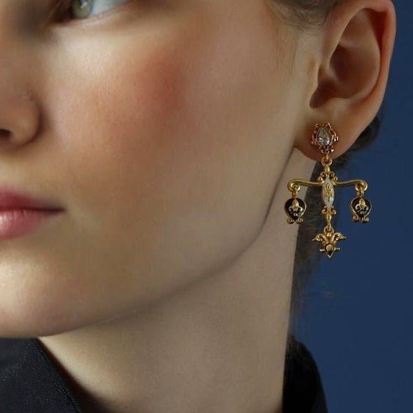 Drop dangle earrings, Vintage charm earrings, rococo baroque enamel earrings, victorian chandelier earrings, unique baroque boho earrings