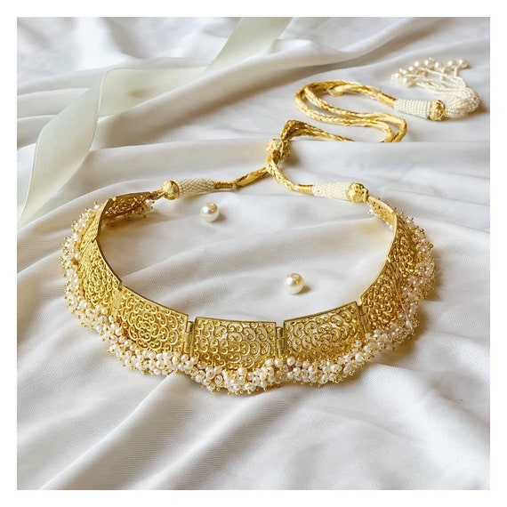 Gold Filigree Choker Pearl Necklace intricate Filigree Jewelry