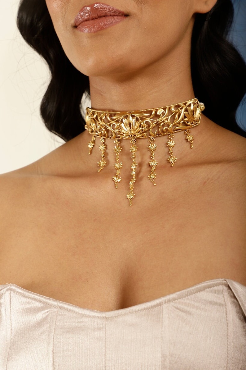 Gold Filigree Lotus Choker Necklace: Indian Inspired Statement Jewelry image 1