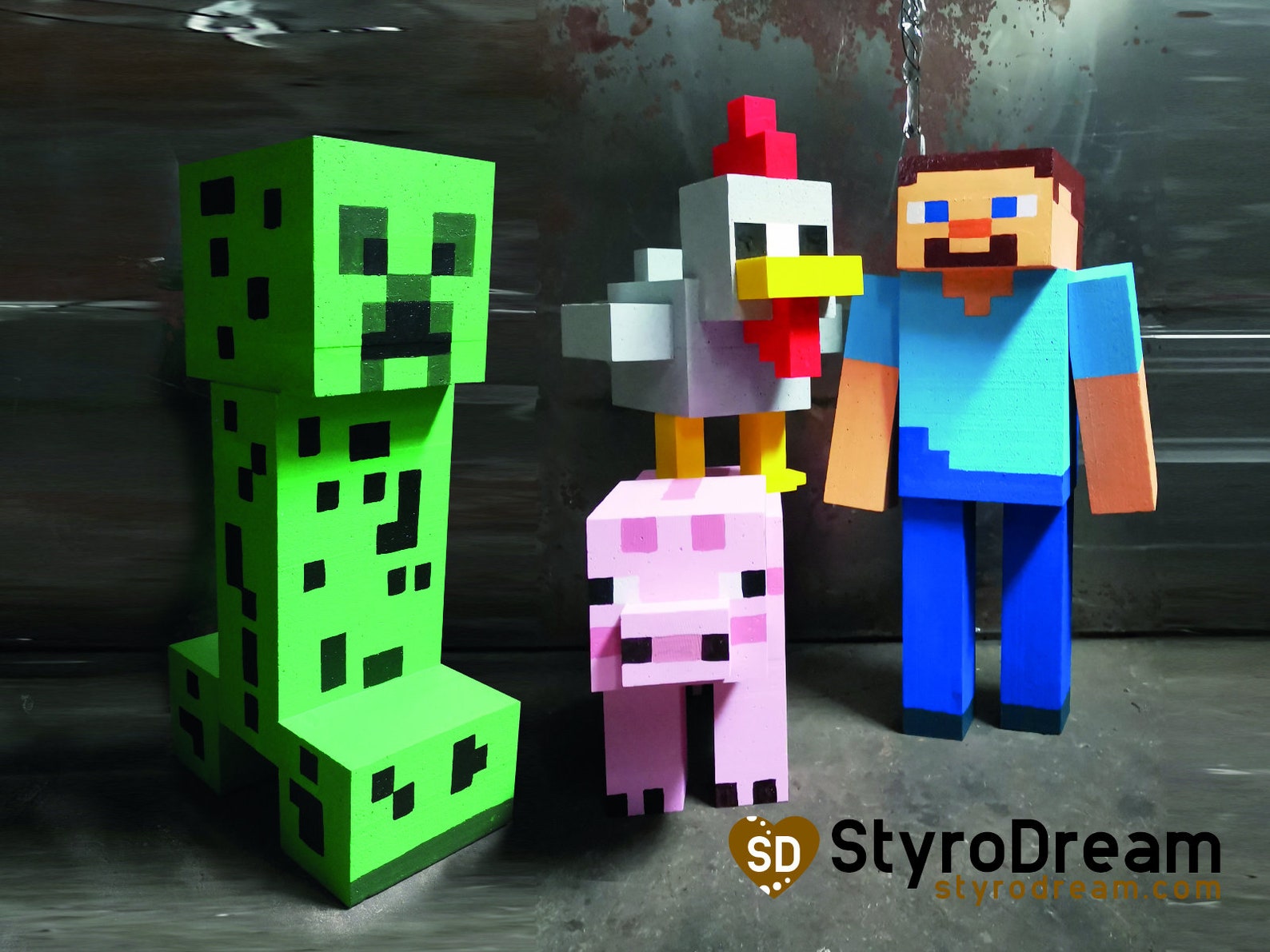 Styrofoam Minecraft Pixel Personal Figure Steve Creeper Chicken Pig 3D ...