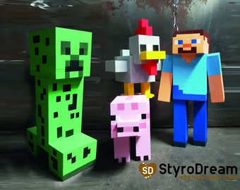 Styrofoam Minecraft Pixel Personal Figure Steve Creeper Chicken Pig 3D Birthday Kids Character