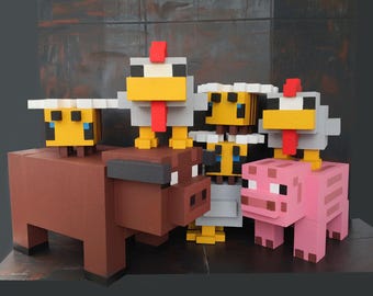 Minecraft Styrofoam Figures: Fox, Rooster, Chicken, Steve Creeper, Piglet, Chicken Jockey, Monster, Cow, Bee, Beehive