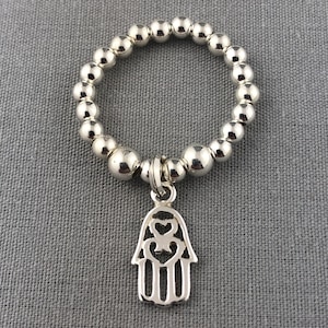 Hamsa Hand Sterling 925 Silver Women's Charm Beaded Ring, A gift of protection, happiness, luck, health & good fortune.