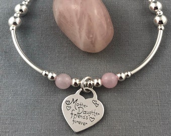 Mum & Daughter Love Heart Silver Charm Bracelet , Rose Quartz and 925 Sterling Silver Beaded, Stacking Stretch Bracelet.