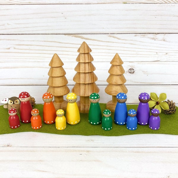 rainbow mushroom mom and child peg doll/forest small world play/woodland playscape/nature sensory bin/open ended toy/dollhouse accessory