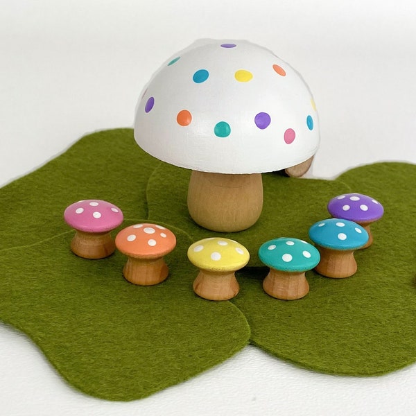 rainbow wooden mushrooms/woodland forest small world play accessory/open ended play/playscape/felt play mat