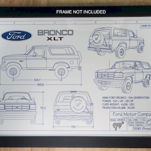 1987-1996 Ford Bronco &quot;Blueprint Drawing&quot; unframed color poster print