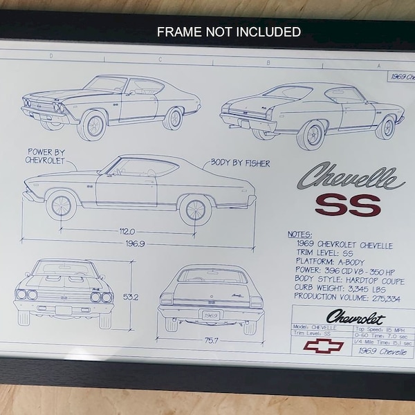 1969 Chevelle SS "Blueprint drawing" unframed color poster print