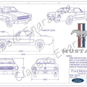 1966 Mustang Coupe "Blueprint Drawing" unframed color poster print