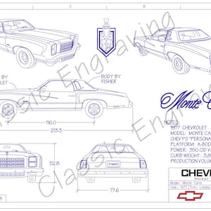 1977 Monte Carlo &quot;Blueprint Drawing&quot; unframed color poster print