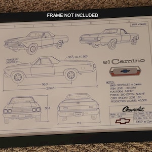 1969 El Camino &quot;Blueprint drawing&quot; unfamed color poster print