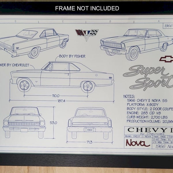 1966 Nova SS "Blueprint drawing" unframed color poster print