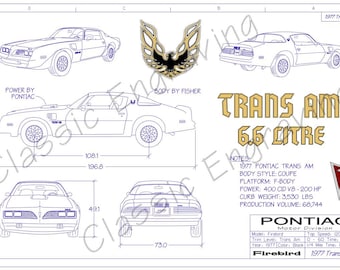 1977 Pontiac Trans Am "Blueprint Drawing" unframed color poster print