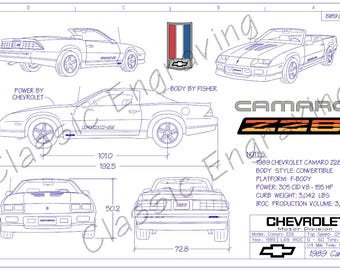 1989 Camaro Convertible Z28 "Blueprint Drawing" unframed color poster print