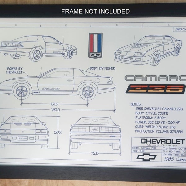 1985 Camaro Z28 "Blueprint Drawing" unframed color poster print