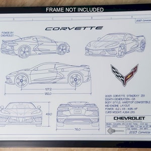 2023 Corvette Convertible &quot;Blueprint drawing&quot; unframed color poster print