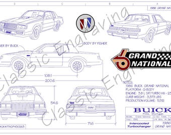 1986 Buick Grand National "Blueprint Drawing" unframed color poster print