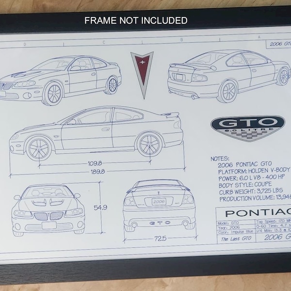 Impression d'affiche couleur sans cadre « Blueprint Drawing » de la Pontiac GTO 2006