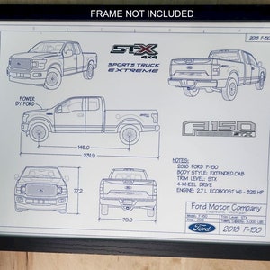 2018 Ford F-150 STX &quot;Blueprint Drawing&quot; unframed color poster print