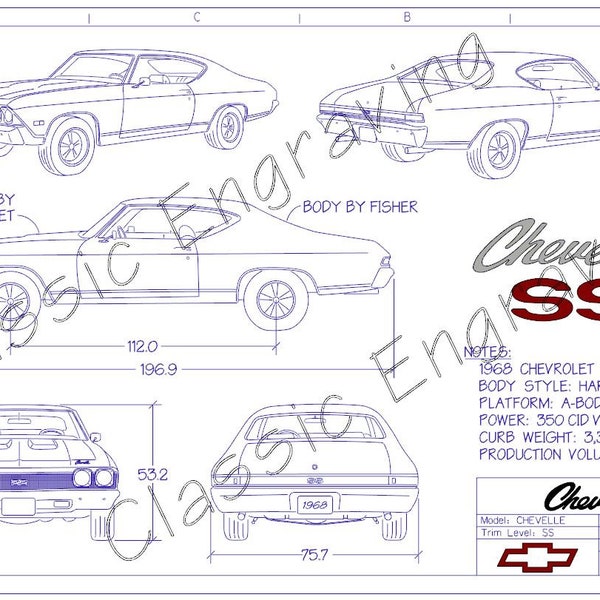 1968 Chevelle SS "Blueprint Drawing" unframed color poster print