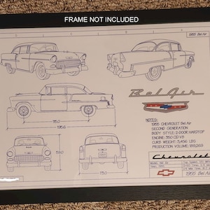May include: A blueprint style illustration of a 1955 Chevrolet Bel Air. The illustration shows the car from different angles, including the front, side, and rear. The illustration includes measurements of the car's dimensions. The text "1955 Bel Air" is included in the image.