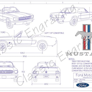 May include: A line drawing of a 1966 Ford Mustang convertible. The drawing shows the car from different angles, including the front, side, and rear. The drawing also includes the car's dimensions and specifications. The text "1966 Ford Mustang" is included in the drawing.