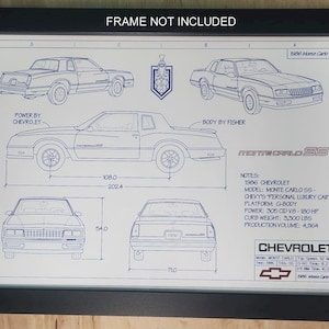 May include: A blueprint style illustration of a 1986 Chevrolet Monte Carlo SS. The illustration includes side, front, and rear views of the car, along with technical specifications and the text "POWER BY CHEVROLET" and "BODY BY FISHER".