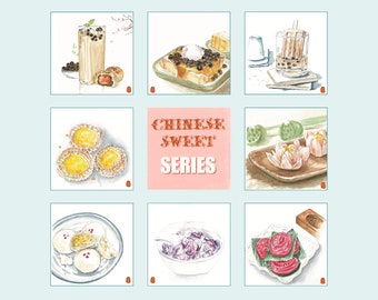 Aquarelprint, Chinese snoepjes, dessert