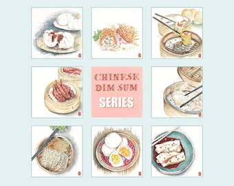 Aquarelprint, Chinese Dim Sum-op bestelling gemaakt