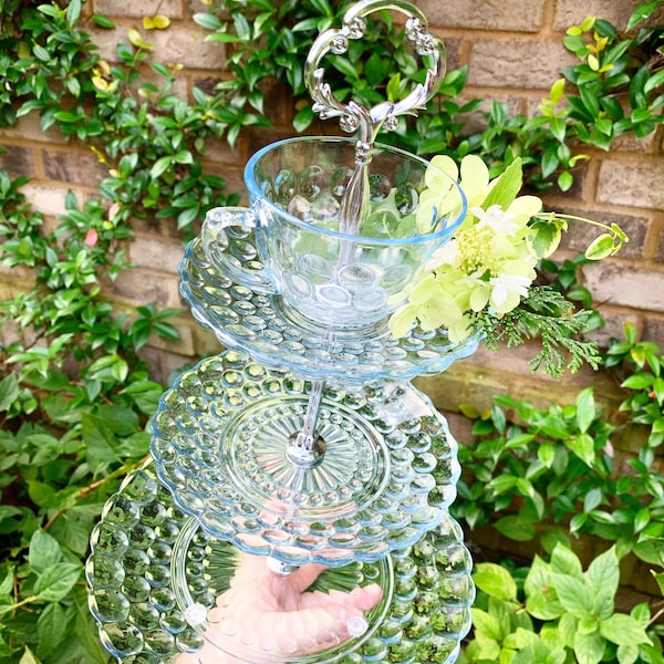 Fab Cake Stand / Tiered Serving Piece Anchor Hocking Blue Bubble Glass tea party high tea wedding brunch bridal luncheon grandmillenial