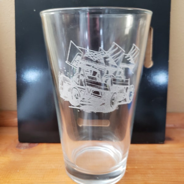 16 oz pint beer glass engraved with sprint cars