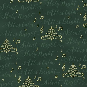 May include: A green background with gold text and musical notes. The text reads "Silent Night", "Holy Night", "All is Calm", and "All is Bright". There are also gold stylized Christmas tree designs.