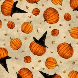 All Hallow&#39;s Eve Tossed Pumpkins Cream Cotton Fabric from QT Fabrics 28802-E Sold by the Half Yard