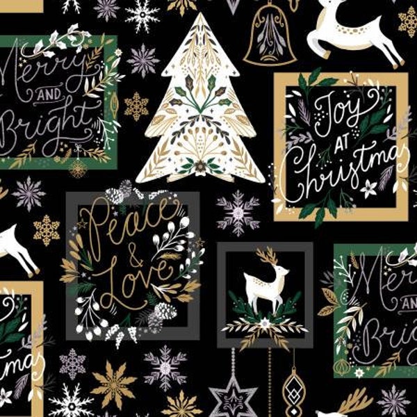 CHRISTMAS SHINE Patch Silver Glitter Black Cotton Fabric from 3 Wishes Fabrics 20713-BLK Sold by the Half Yard