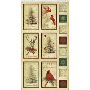 May include: A fabric panel featuring rectangular designs with Christmas themes. The designs include images of Christmas trees, red cardinals, and a deer with a red bow. Text includes "Believe in the Magic", "Joy to the world", and "Merry Christmas".