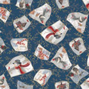 Può includere: Un motivo ripetuto di pacchi regalo su sfondo blu navy. I pacchi sono bianchi con vari disegni festivi, tra cui pupazzi di neve, fiocchi e rametti di agrifoglio. Adatto per carta da regalo o tessuto.