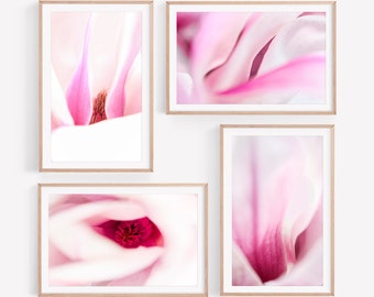 Magnolia Print, Set of 4 Abstract Prints, Pink Floral Printable, Blossom Wall Art, Macro Photography, Spring Flower Decor, Digital Download