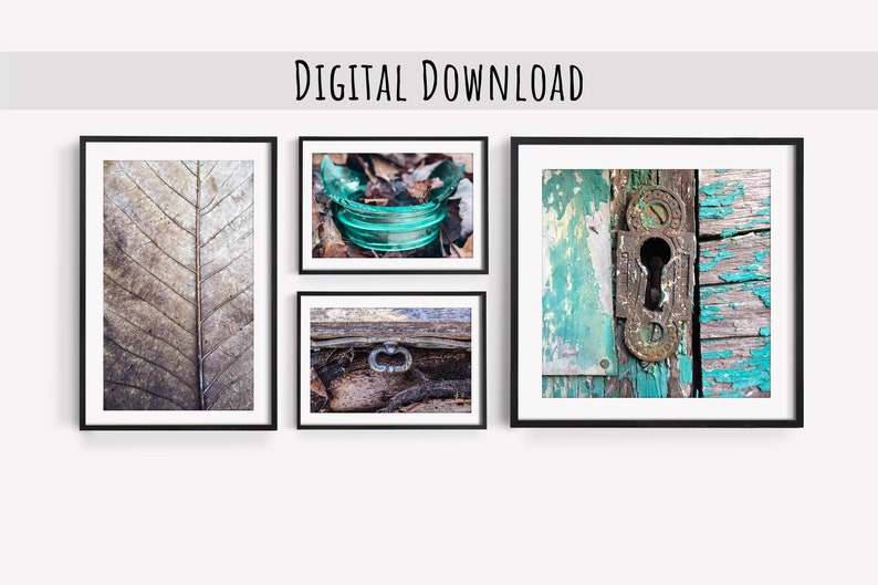May include: Set of four digital prints featuring close-up images of natural textures. The prints include a weathered leaf, a broken piece of turquoise glass, a rusty metal latch, and a weathered wooden door with a keyhole.