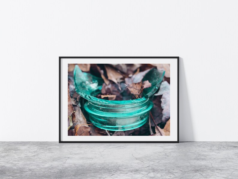 May include: A close-up of a broken teal glass jar lid lying on a bed of brown leaves.