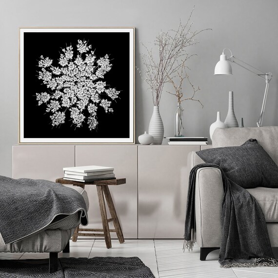 Queen Anne's Lace Wall Art, Black White Botanical Print, Square Poster, Dark Floral Decor, Minimalist Photography, Black White Flower Photo