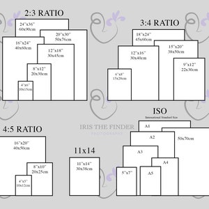 May include: A chart showing different aspect ratios for photographs, including 2:3, 3:4, 4:5, and 11x14. The chart also includes standard ISO paper sizes, such as A1, A2, A3, A4, and A5. The chart is labeled "Iris the Finder Photography".