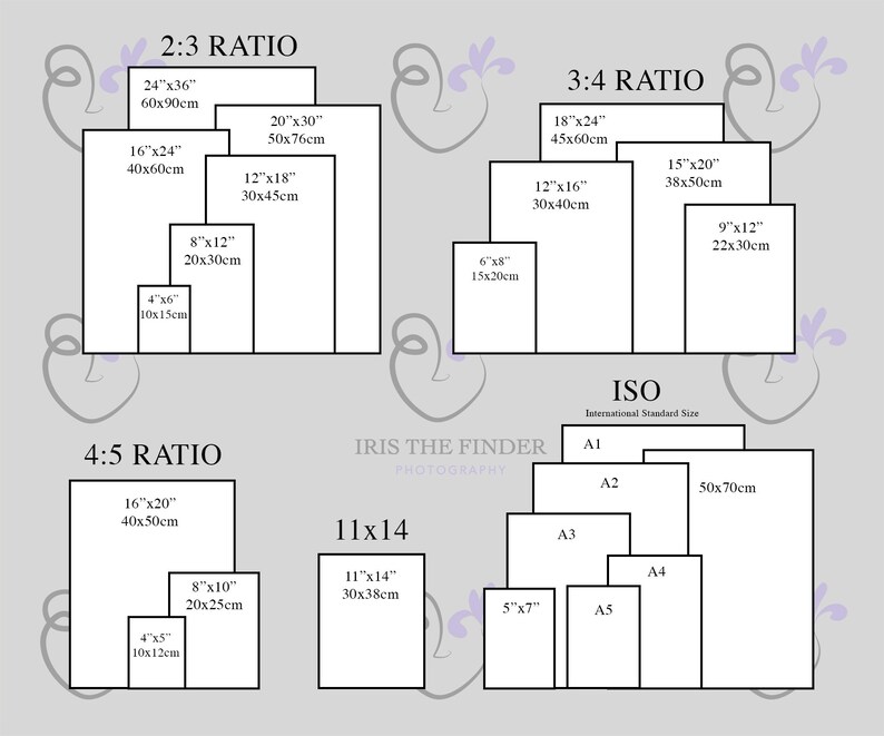 May include: A chart showing different aspect ratios for photographs, including 2:3, 3:4, 4:5, and 11x14. The chart also includes standard ISO paper sizes, such as A1, A2, A3, A4, and A5. The chart is labeled "Iris the Finder Photography".